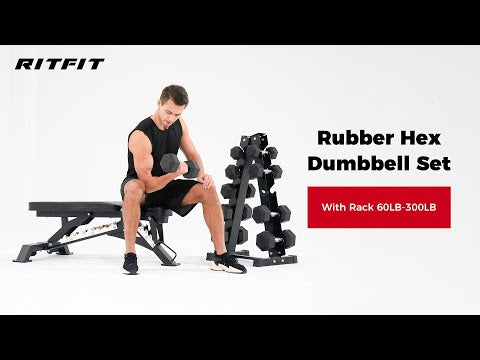 RitFit Rubber Hex Dumbbell Set with Rack